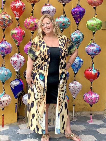 Plus Size Boho Sexy "Cat’s Eyes" Animal Print Hippie Kimono Beach Cover Up