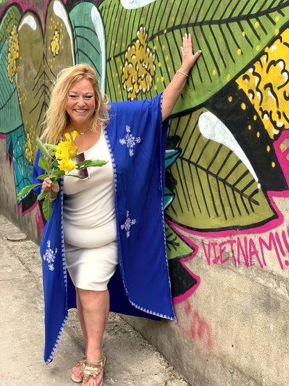 Plus Size Boho "Cobalt Cutie" Embroidered Hippie Kimono Beach Cover Up