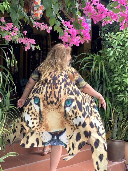 Plus Size Boho Sexy "Cat’s Eyes" Animal Print Hippie Kimono Beach Cover Up