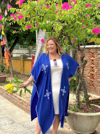 Plus Size Boho "Cobalt Cutie" Embroidered Hippie Kimono Beach Cover Up