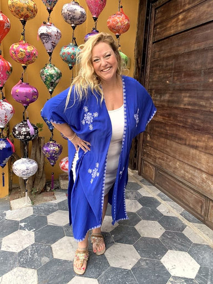 Plus Size Boho "Cobalt Cutie" Embroidered Hippie Kimono Beach Cover Up