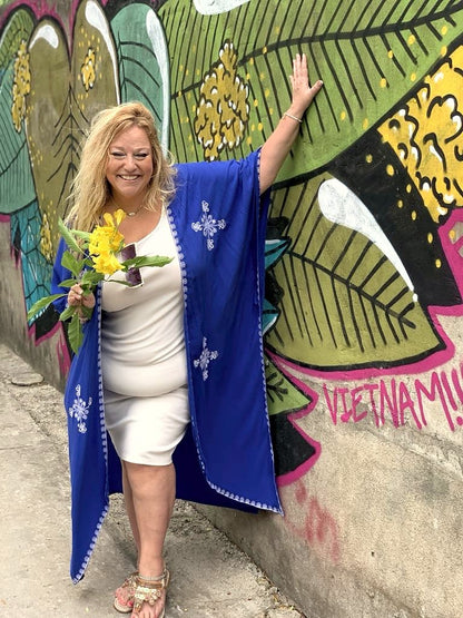 Plus Size Boho "Cobalt Cutie" Embroidered Hippie Kimono Beach Cover Up