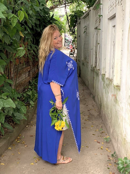 Plus Size Boho "Cobalt Cutie" Embroidered Hippie Kimono Beach Cover Up